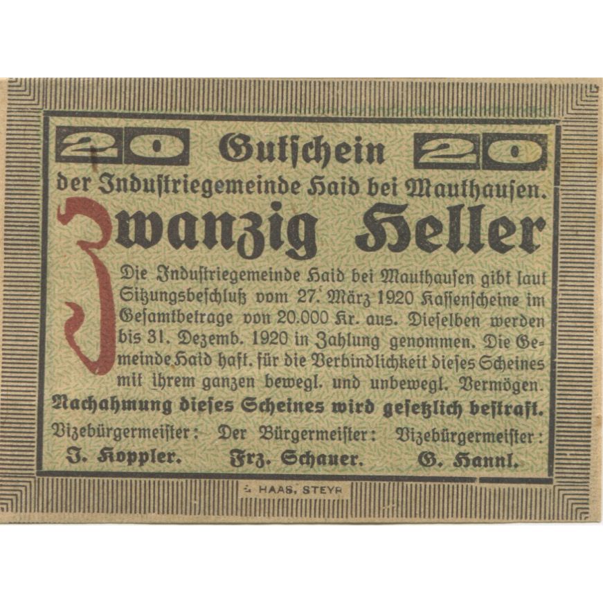 Banknote, Austria, Mauthausen, 20 Heller, rue, 1920 UNC(63) Mehl:FS 334Ib