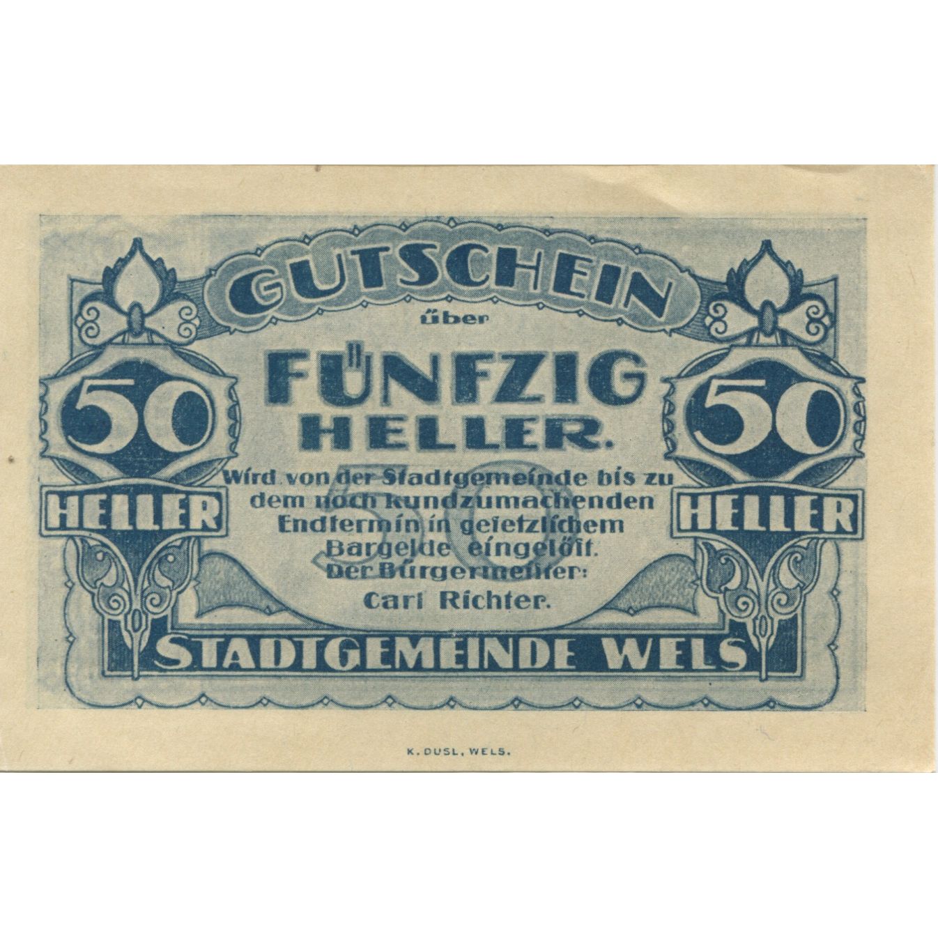 Billet, Autriche, Wels, 50 Heller, Batiment, 1920, SPL, Mehl:FS 1167II
