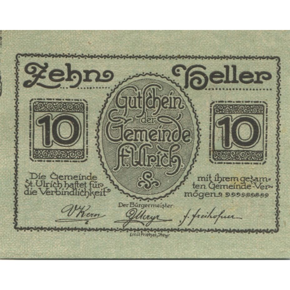 Banknote, Austria, St Ulrich, 10 Heller, paysage, 1920 UNC(63) Mehl:FS 940