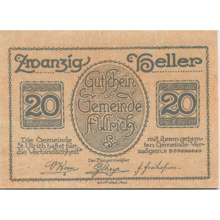 Banknote, Austria, St Ulrich, 20 Heller, Monument, 1920 UNC(63) Mehl:FS 940