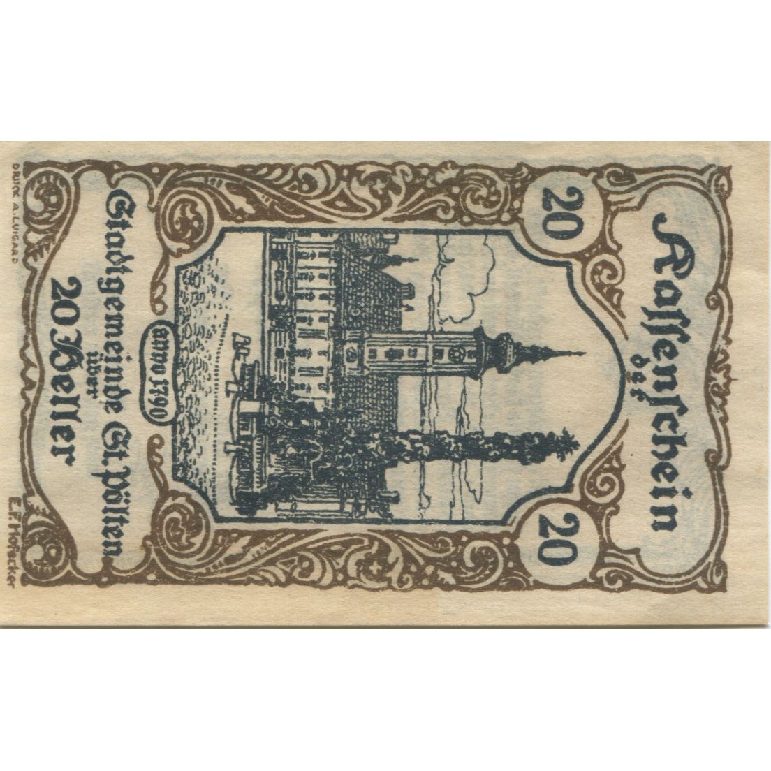 Banknote, Austria, St Pölten, 20 Heller, Monument, 1920 UNC(63) Mehl:FS 927III
