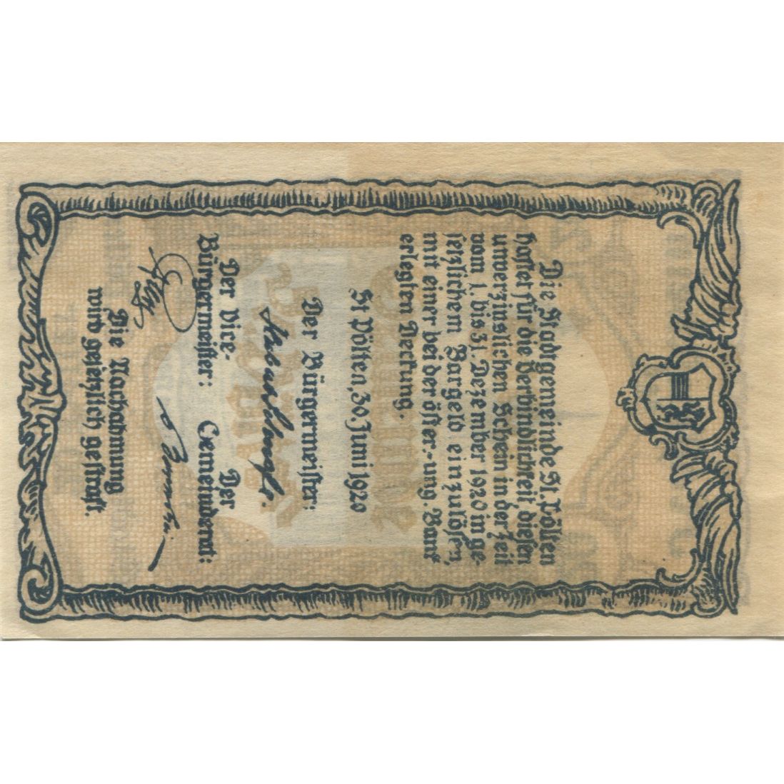 Banknote, Austria, St Pölten, 20 Heller, Monument, 1920 UNC(63) Mehl:FS 927III