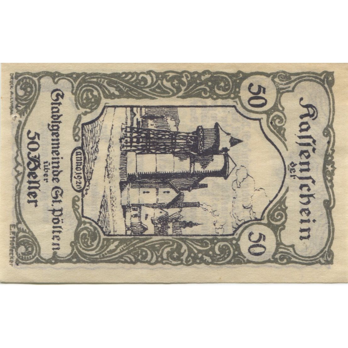 Geldschein, Österreich, St Pölten, 50 Heller, village 1920 UNZ- Mehl:FS 927III