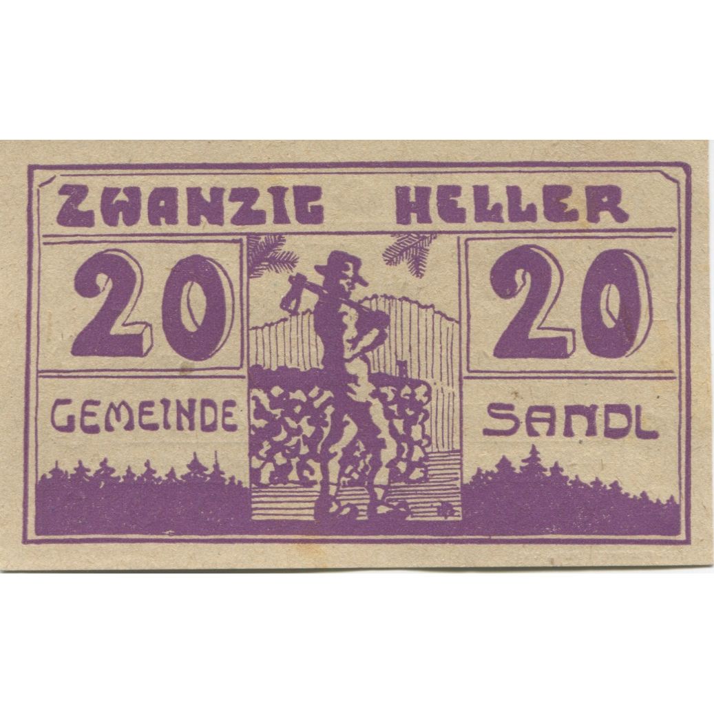Banknote, Austria, Sandl, 20 Heller, personnage, 1920 UNC(63) Mehl:FS 874Ia