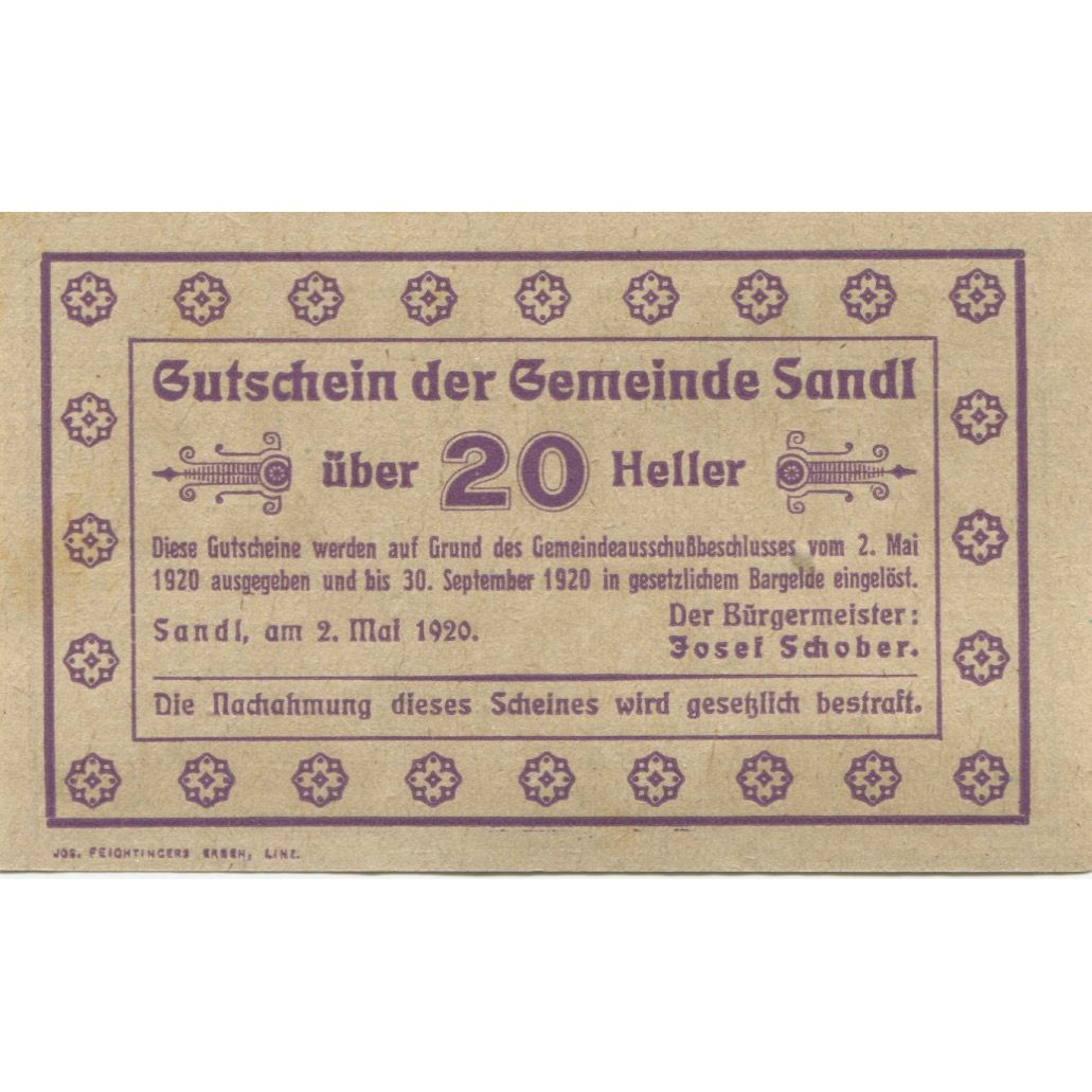 Banknote, Austria, Sandl, 20 Heller, personnage, 1920 UNC(63) Mehl:FS 874Ia