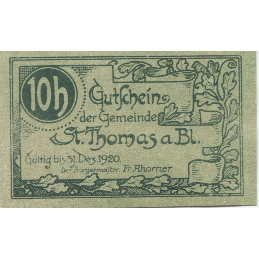 Banconote, Austria, St Thomas, 10 Heller, valeur faciale, 1920 SPL Mehl:FS 938a