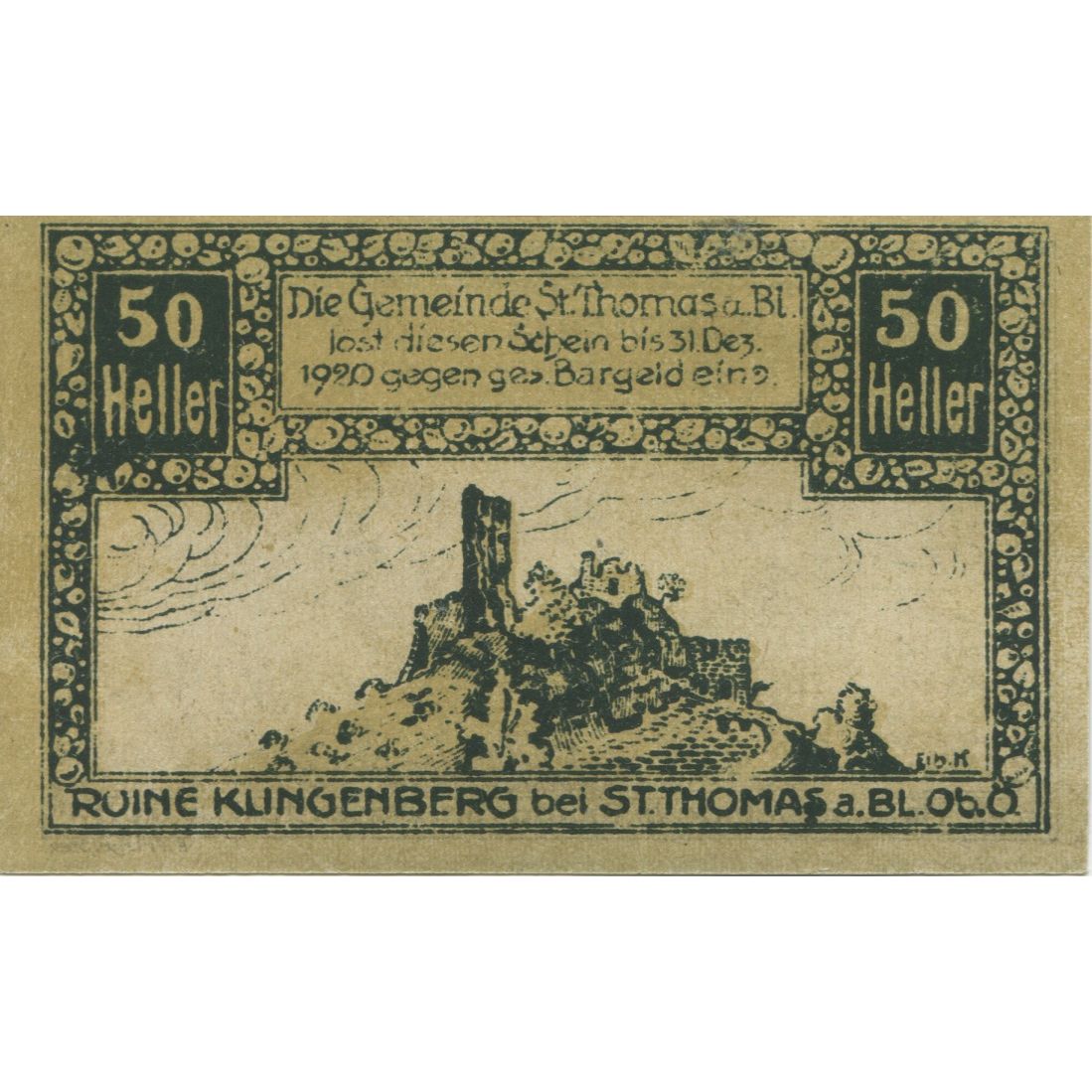 Billet, Autriche, St Thomas, 50 Heller, Eglise 1920-12-31, SPL, Mehl:FS 938a
