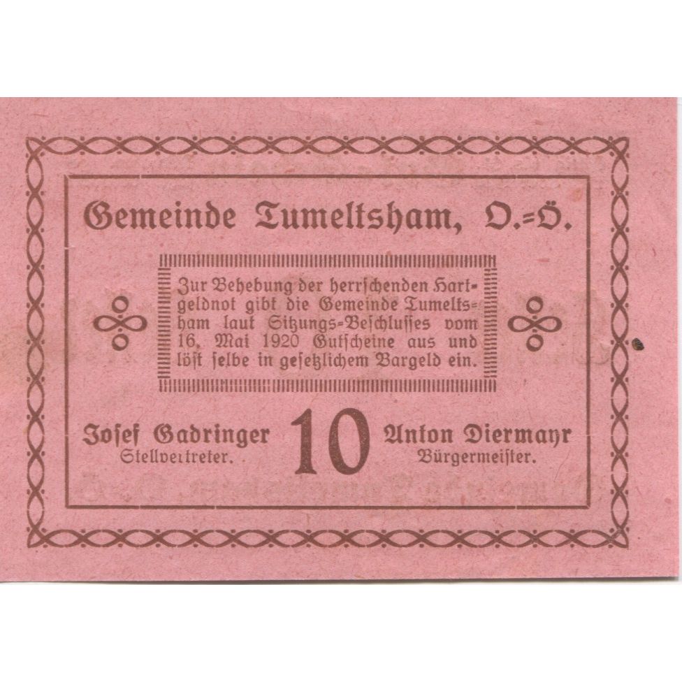 Banconote Austria Tumeltsham 10 Heller, valeur faciale 1920 SPL Mehl:FS 1085IIb