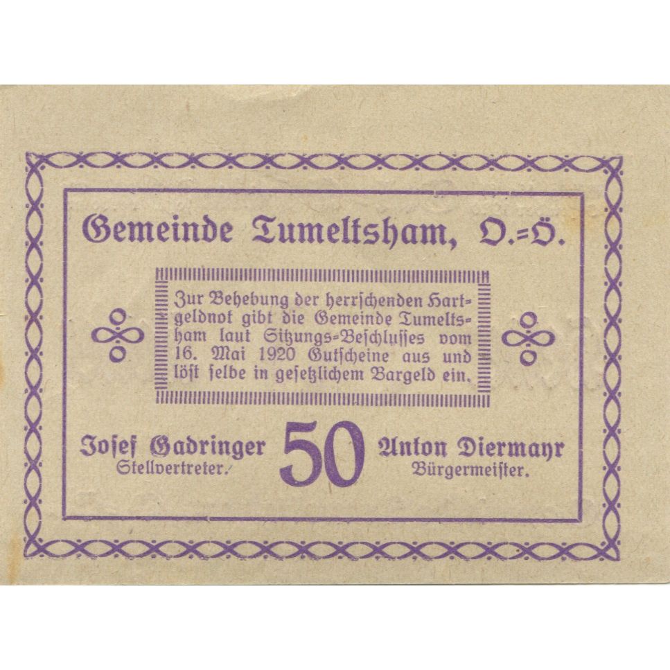 Banknote, Austria, Tumeltsham, 50 Heller 1920 UNC(63) Mehl:FS 1085IIb