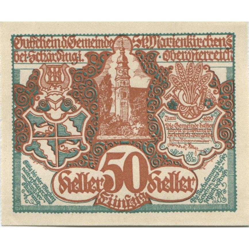 Geldschein, Österreich, Marienkirchen, 50 Heller Blason, 1920, UNZ-, Mehl:FS 910