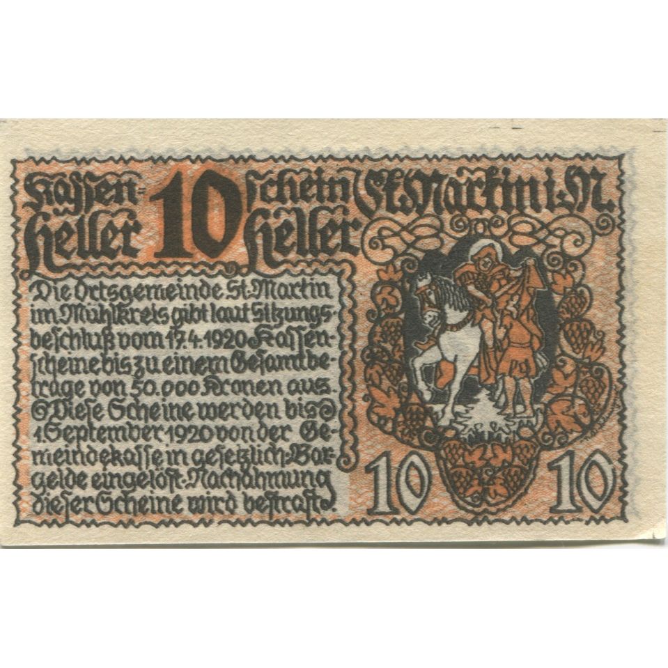 Banknote, Austria, St Martin, 10 Heller, Blason, 1920 UNC(63) Mehl:FS 912a