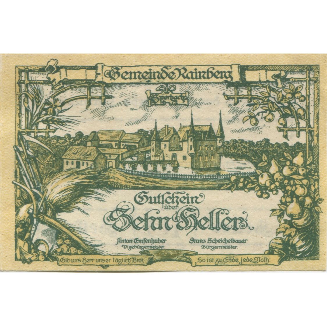 Banknote, Austria, Rainberg, 10 Heller, château, 1920 UNC(63) Mehl:FS 815a