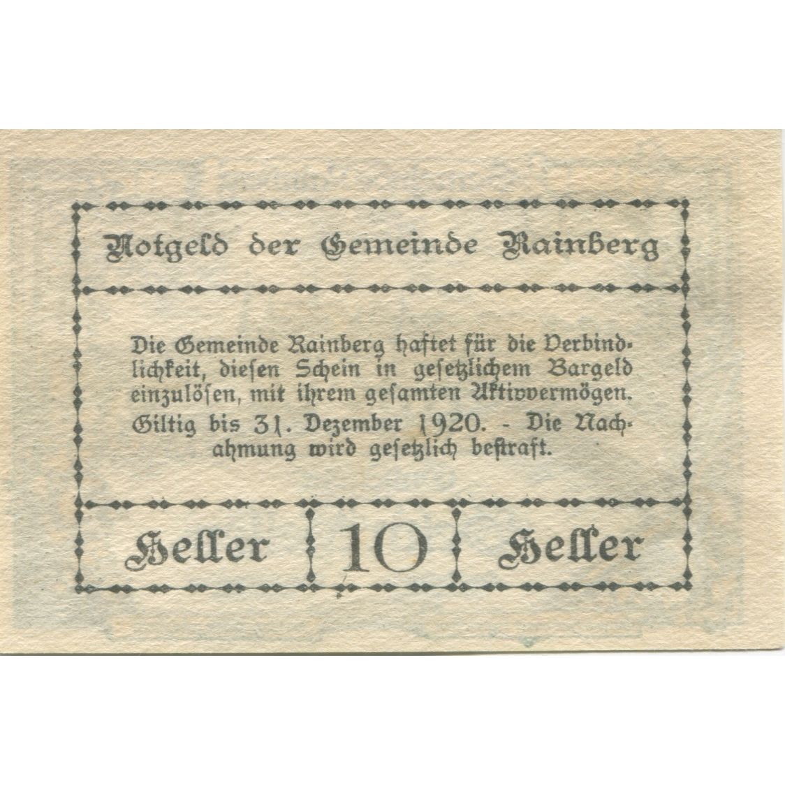 Banknote, Austria, Rainberg, 10 Heller, château, 1920 UNC(63) Mehl:FS 815a