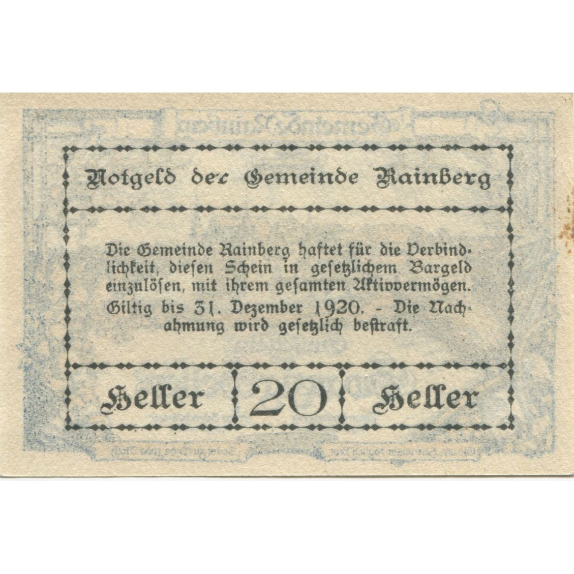 Billet, Autriche, Rainberg, 20 Heller, château 1, 1920-12-31, SPL Mehl:FS 815a