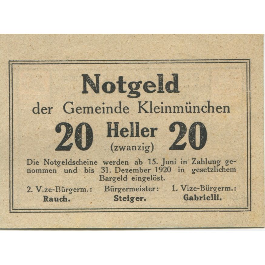 Banknote, Austria, Kleinmünchen, 20 Heller, village, 1920 UNC(63) Mehl:FS 456a