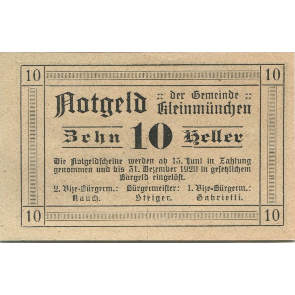 Billet, Autriche, Kleinmünchen, 10 Heller, Eglise 1920-12-31, SPL Mehl:FS 456a