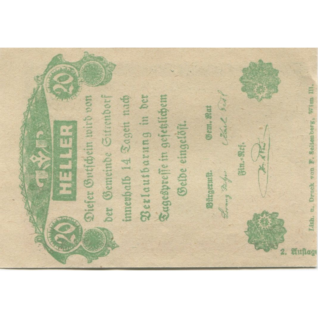 Billet, Autriche, Sittendorf, 20 Heller, Eglise, 1920, SPL, Mehl:FS 1001a