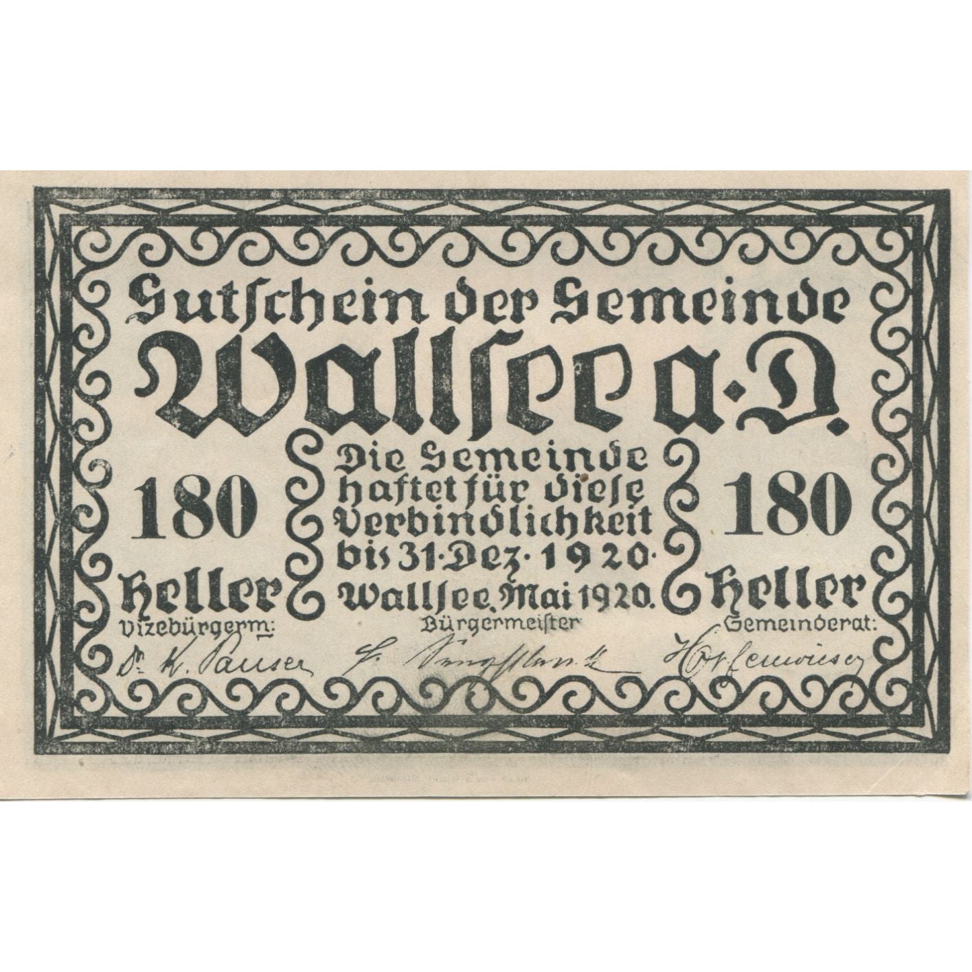 Banknote, Austria, Wallsee, 180 Heller, paysage, 1920 UNC(63) Mehl:FS 1137II