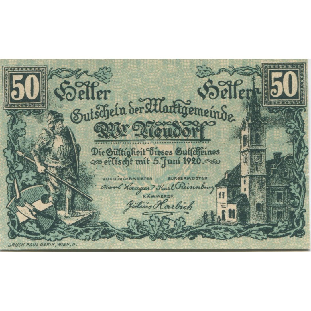 Banknote, Austria, Neudorf, 50 Heller, Eglise, 1920 UNC(63) Mehl:FS 1229Ia