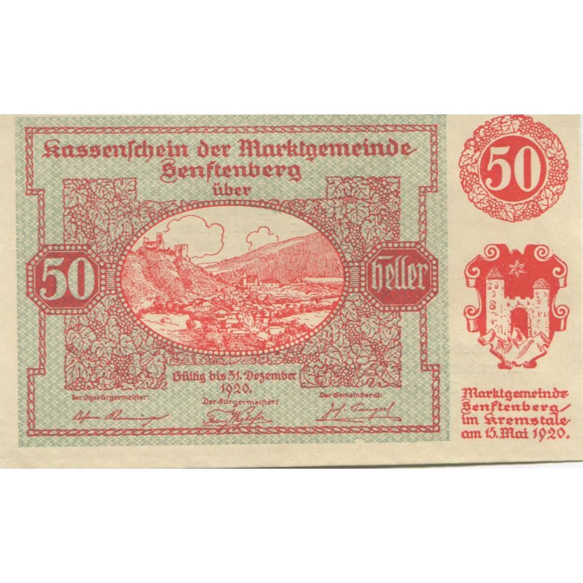 Banknote, Austria, Senftenberg, 50 Heller, paysage, 1920 UNC(63) Mehl:FS 993a