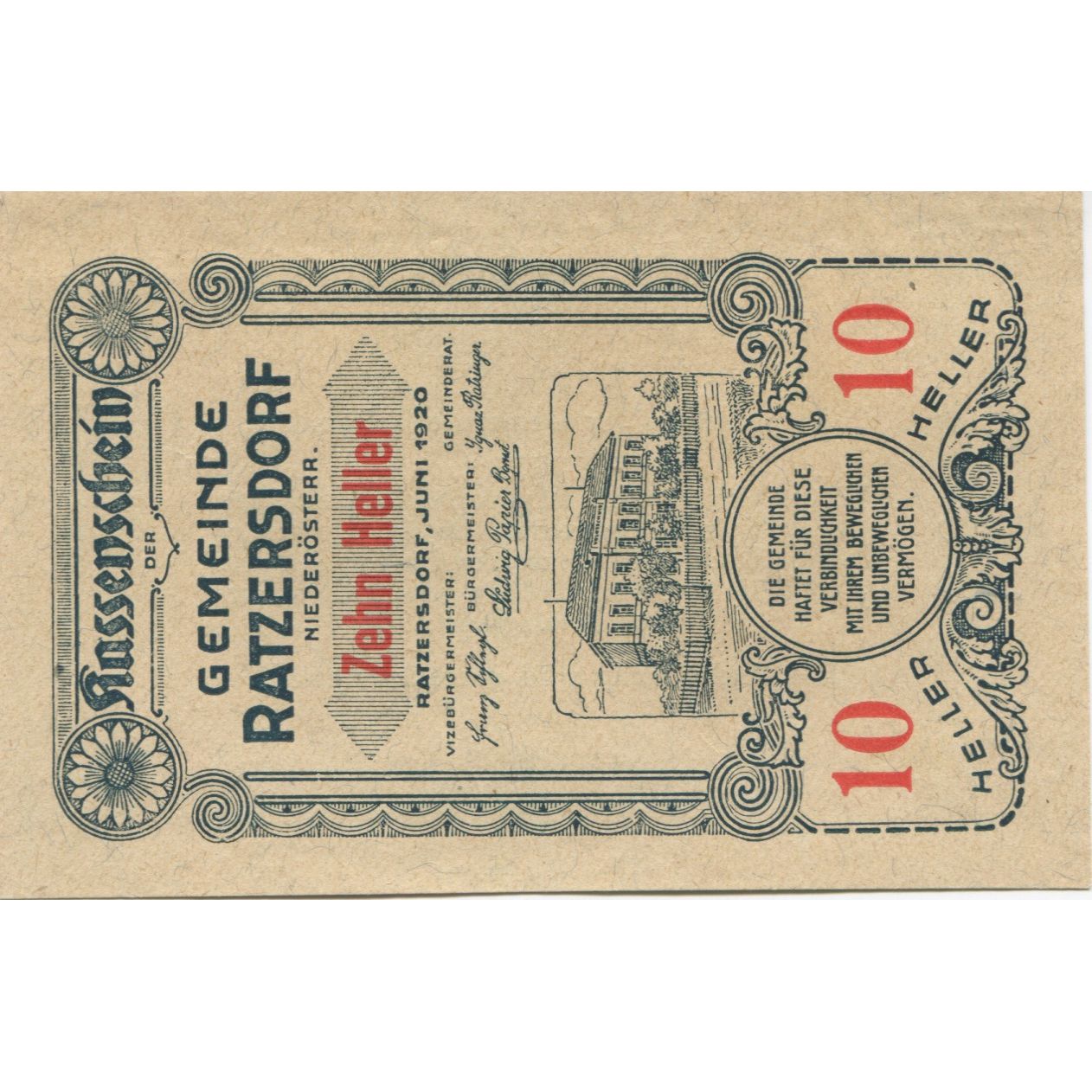 Banknote, Austria, Ratzersdorf, 10 Heller, Monument, 1920, UNC(63), Mehl:FS 822