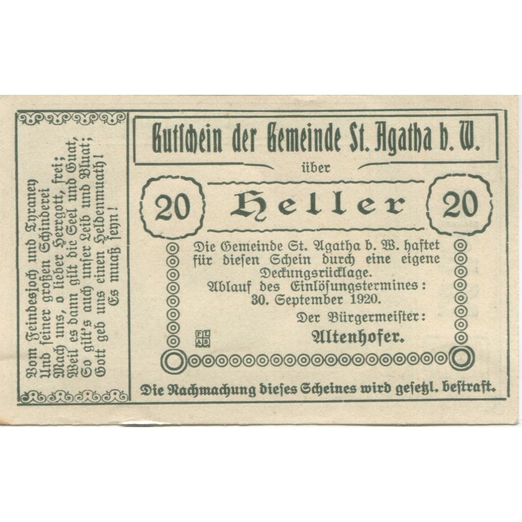 Banconote, Austria, St Agatha, 20 Heller, ferme 1920-09-30, SPL Mehl:FS 877Ic