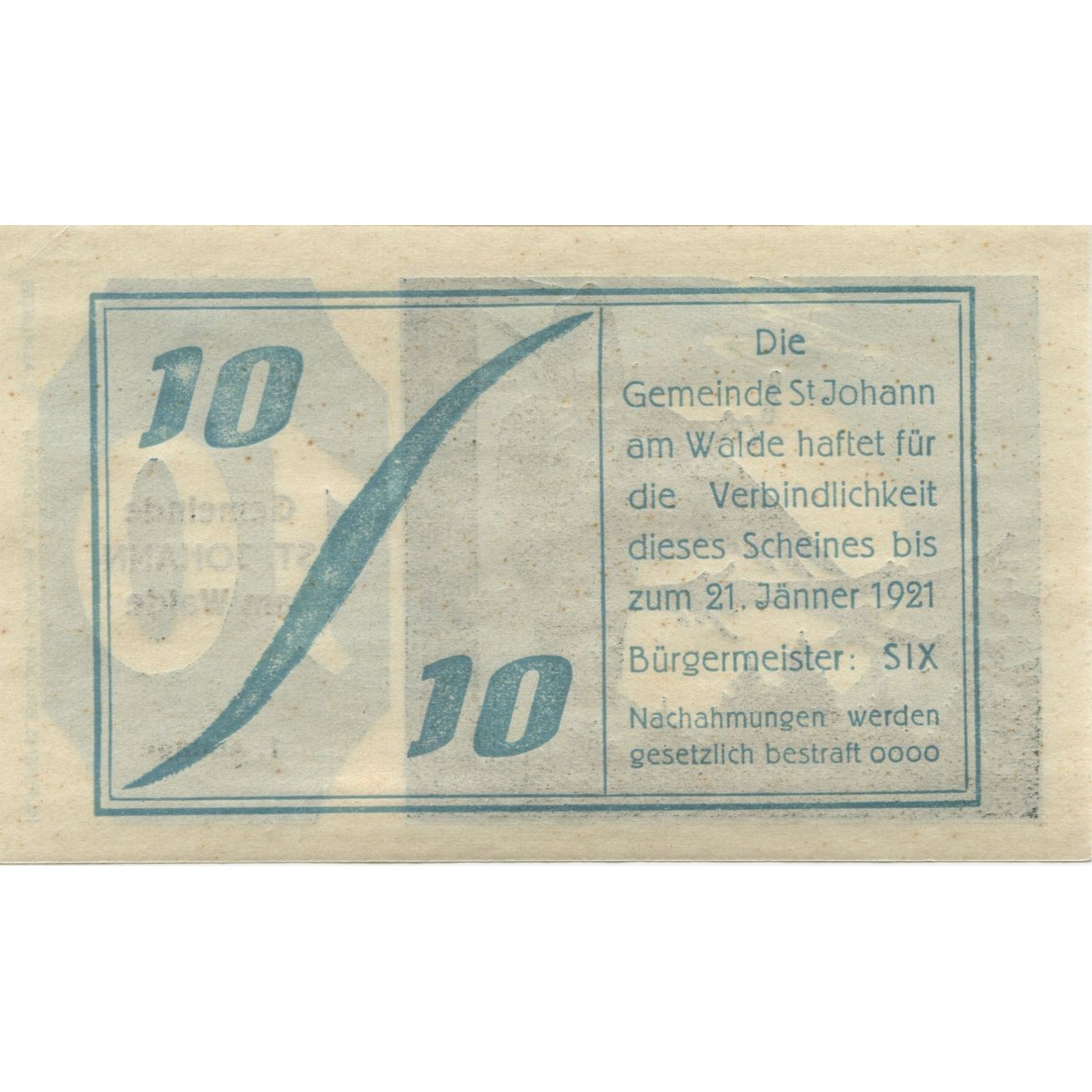 Banknote, Austria, St Johann, 10 Heller, hibou, 1921 UNC(63) Mehl:FS 893a