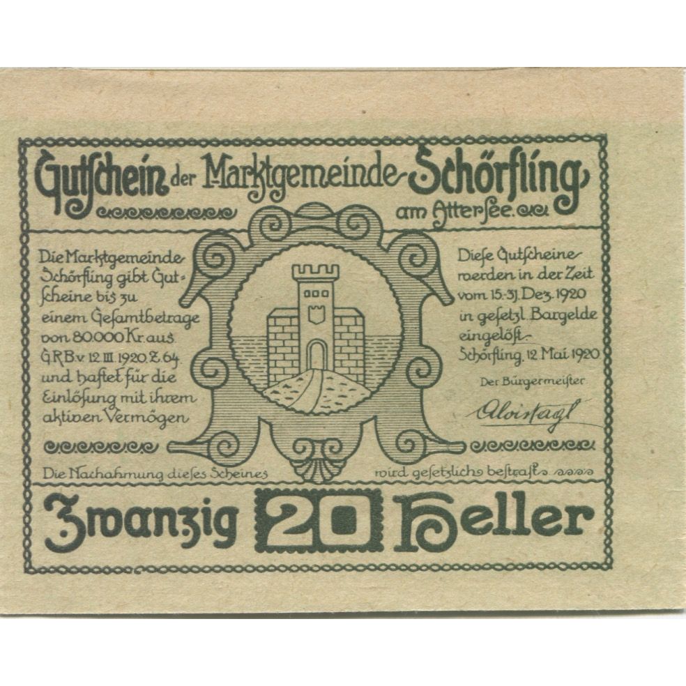 Banconote, Austria, Schörfling, 20 Heller, château, 1920 SPL Mehl:FS 971a