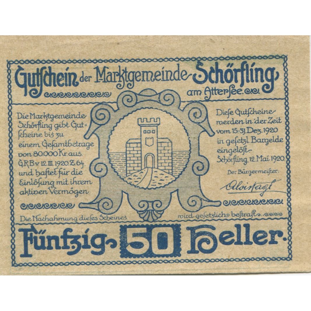 Banconote, Austria, Schörfling, 50 Heller, Blason, 1920 SPL Mehl:FS 971a