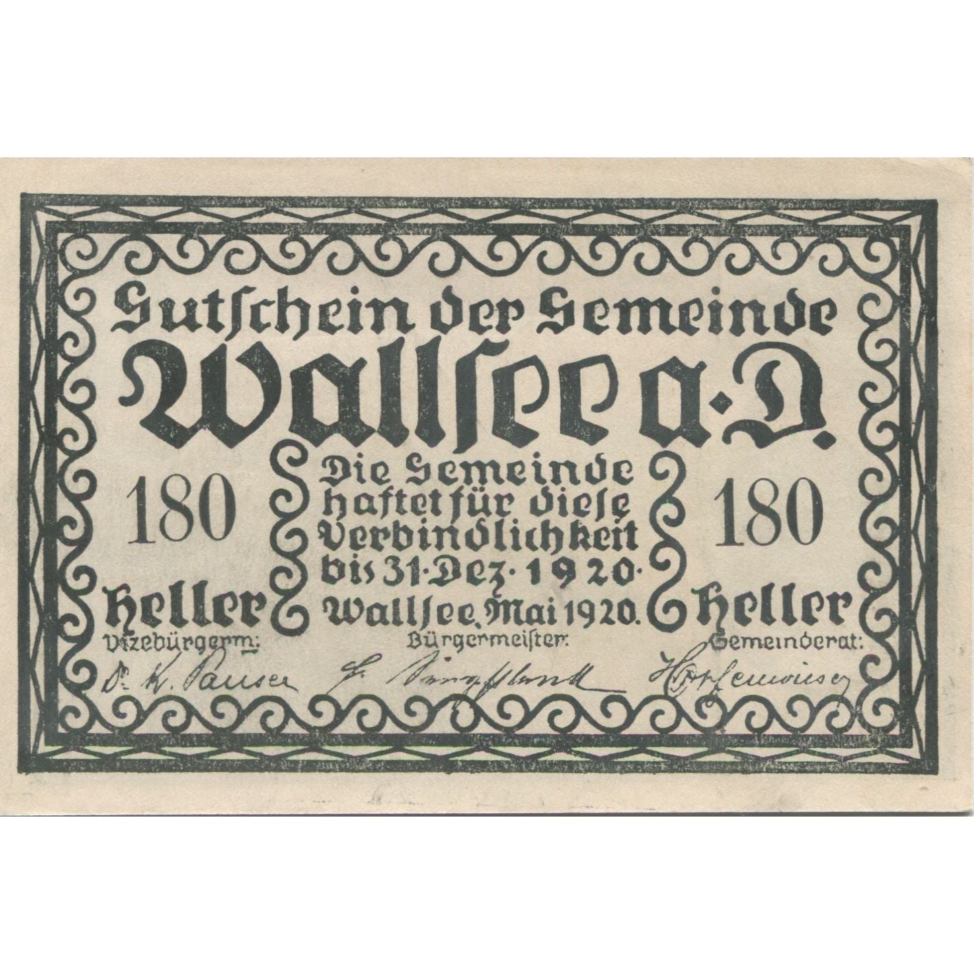 Banknote, Austria, Wallsee, 180 Heller, château, 1920 UNC(63) Mehl:FS 1137II