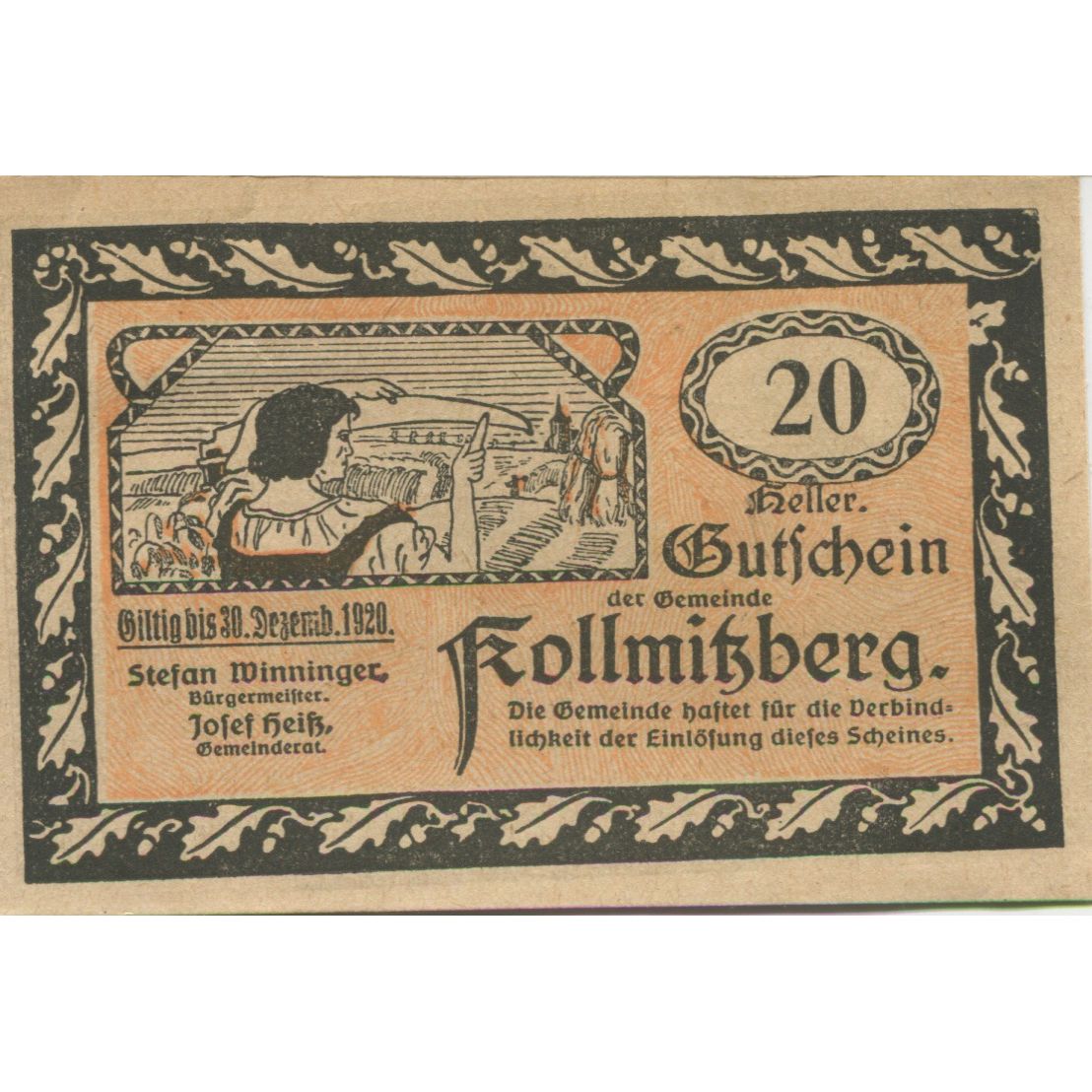 Banknote, Austria, Kollmitzberg, 20 Heller, champs, 1920 UNC(63) Mehl:FS 462c