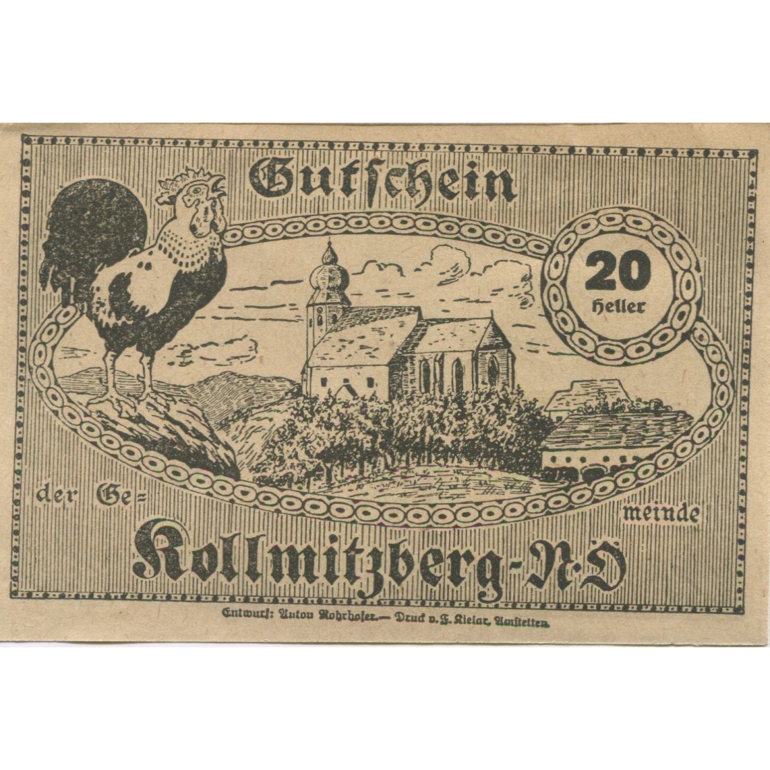 Banknote, Austria, Kollmitzberg, 20 Heller, champs, 1920 UNC(63) Mehl:FS 462c