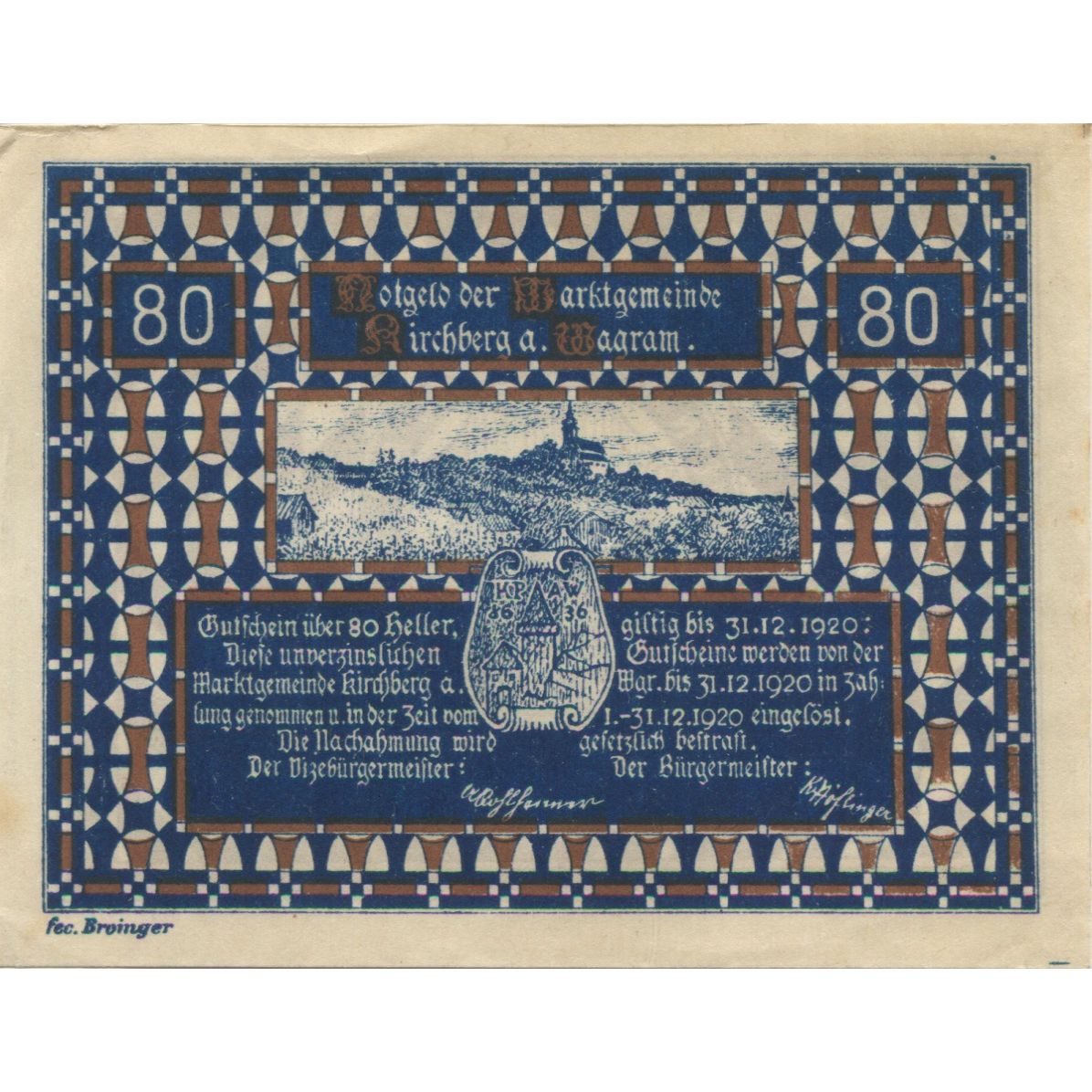 Banknote, Austria, Kirchberg, 80 Heller, Blason, 1920, UNC(63) Mehl:FS 439IIa