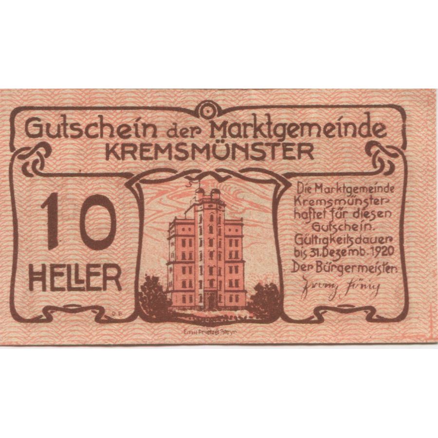 Banknote, Austria, Kremsmunster, 10 Heller, Monument, 1920 UNC(63) Mehl:FS 476Ia