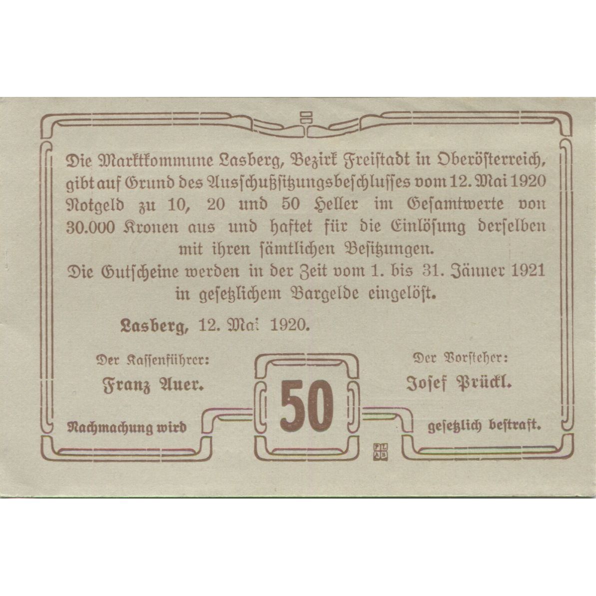 Banknote, Austria, Lasberg, 50 Heller, Eglise, 1921, UNC(63) Mehl:FS 505a