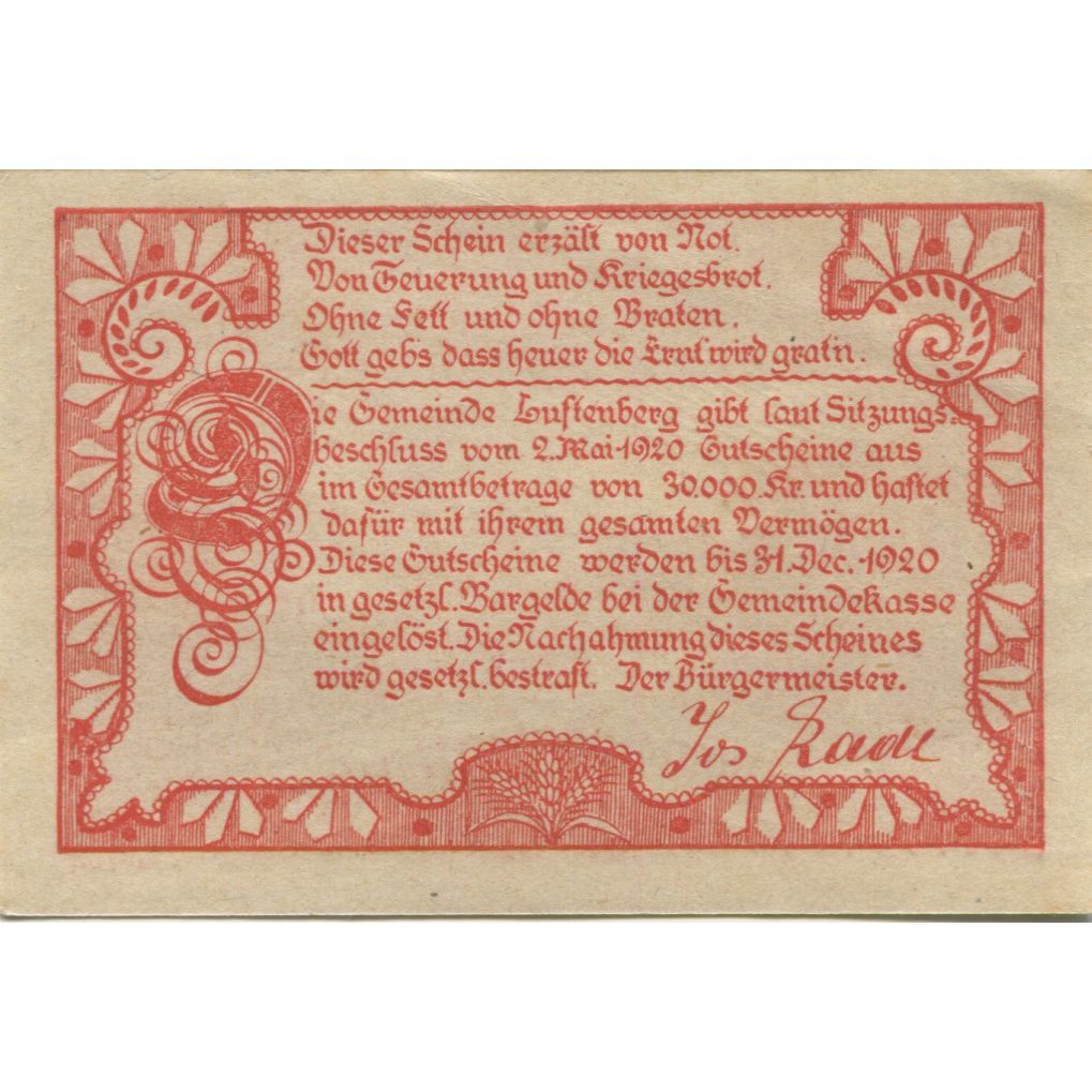 Banknote, Austria, Luftenberg, 50 Heller, rue, 1920 UNC(63) Mehl:FS 570e