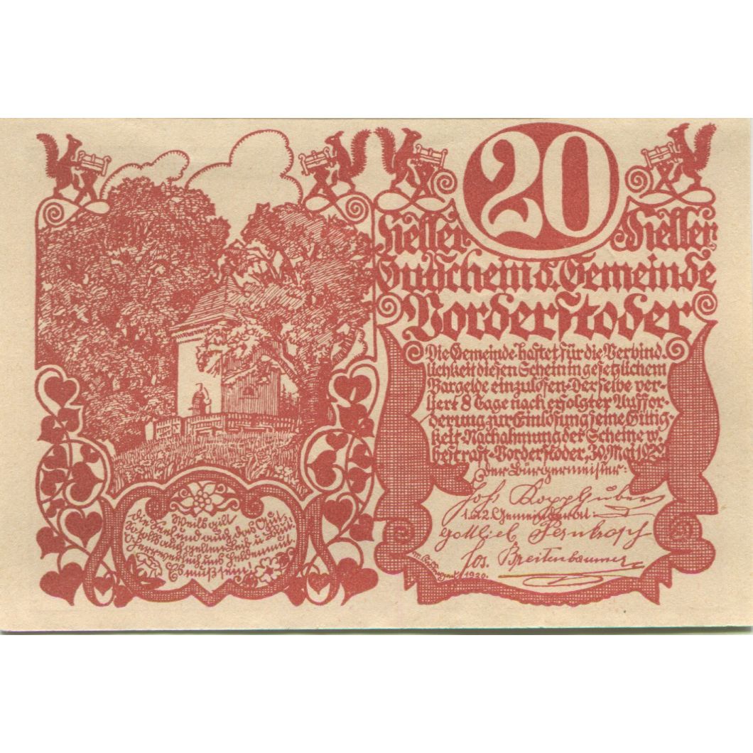 Billete, Austria, Vorderstoder, 20 Heller, Monument, 1920, SC, Mehl:FS 1120