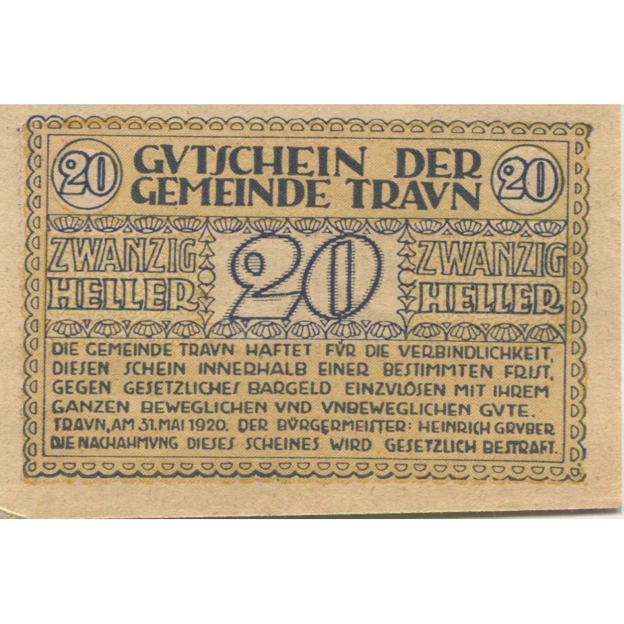 Billete, Austria, Traun, 20 Heller, valeur faciale 1, 1920 SC Mehl:FS 1080