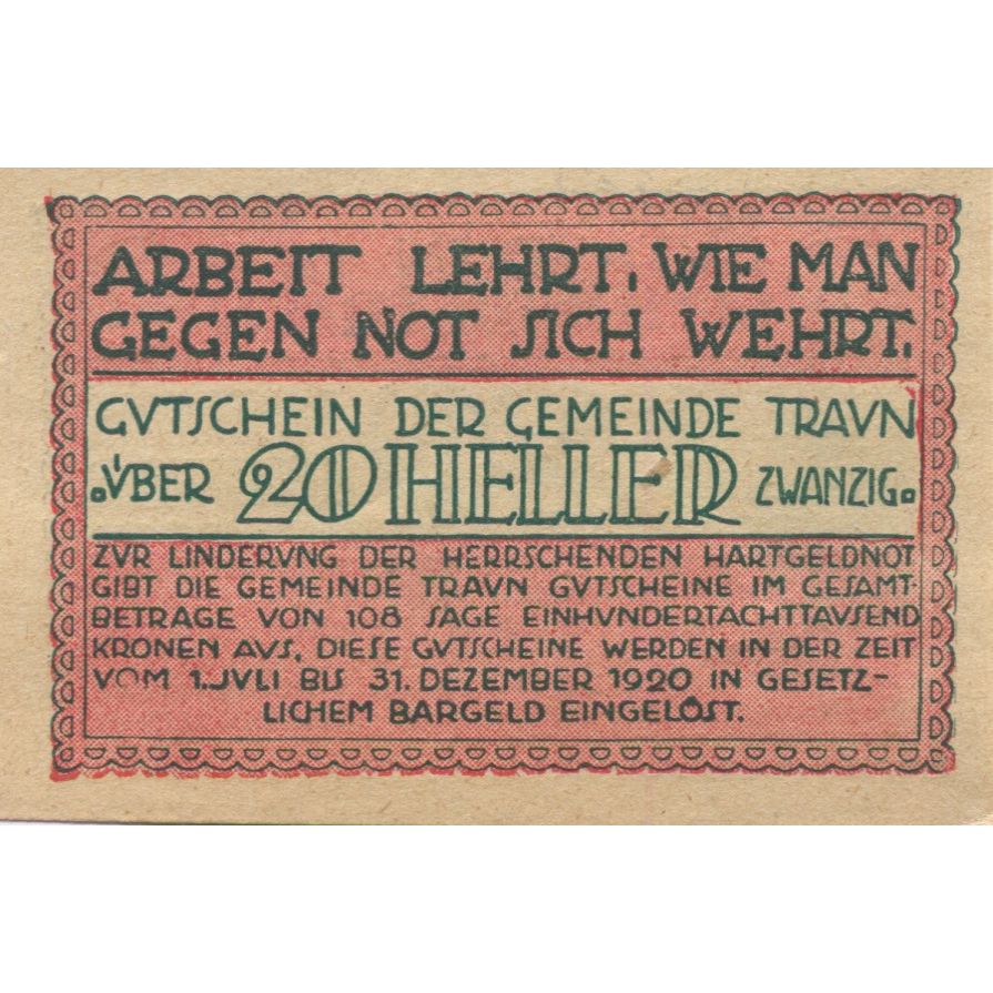 Billete, Austria, Traun, 20 Heller, valeur faciale 1, 1920 SC Mehl:FS 1080
