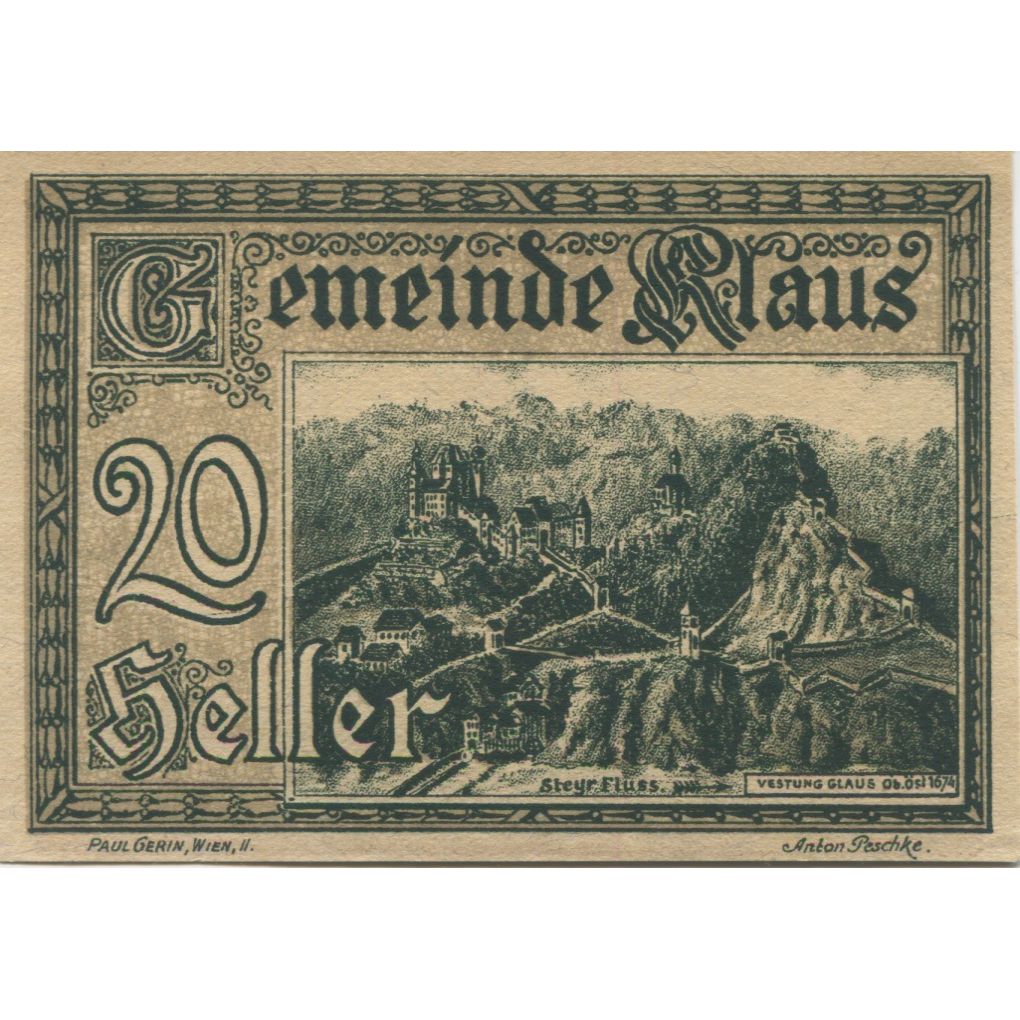 Billete, Austria, Klaus, 20 Heller, château 1920-03-27, SC, Mehl:FS 454Ia