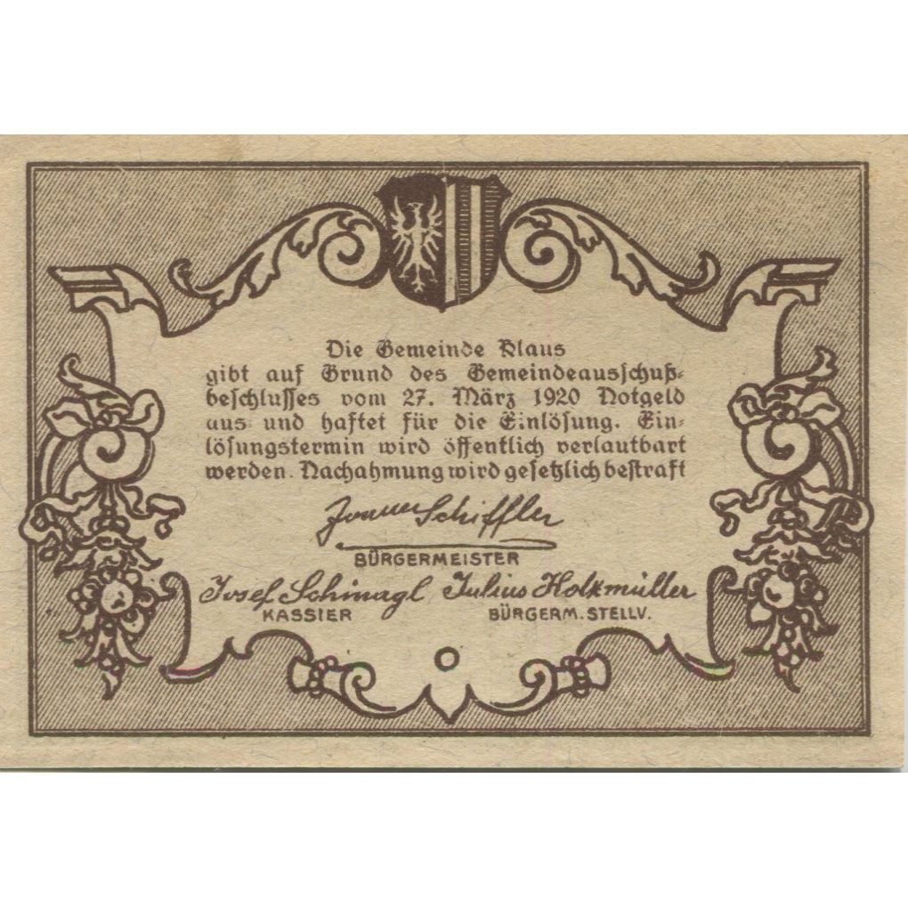 Billete, Austria, Klaus, 20 Heller, château 1920-03-27, SC, Mehl:FS 454Ia