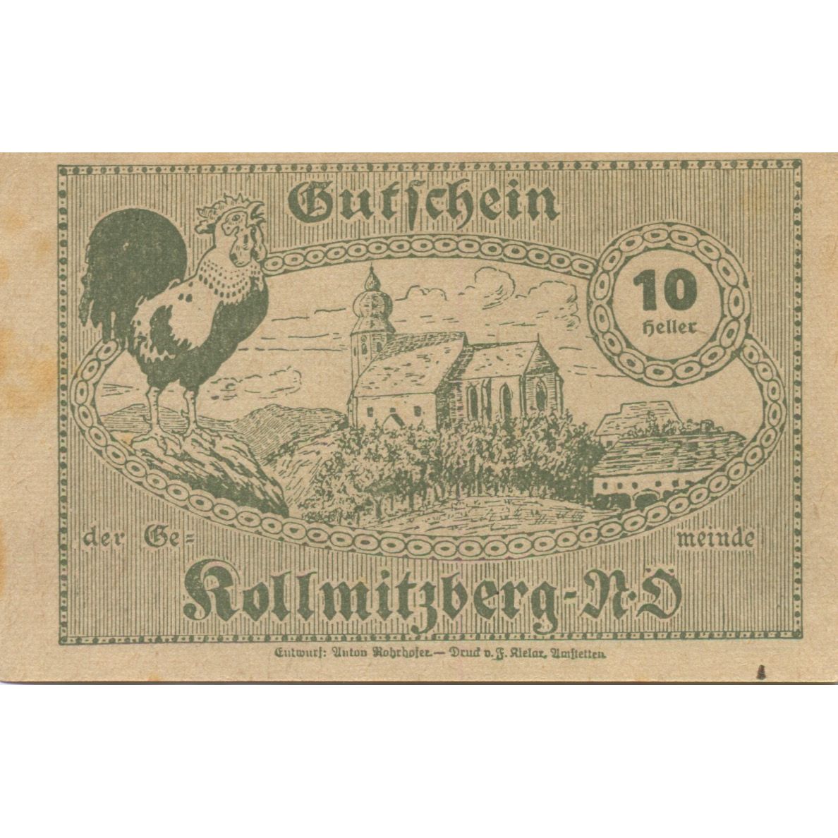 Geldschein, Österreich, Kollmitzberg, 10 Heller, paysage 1920 VZ Mehl:FS 462c
