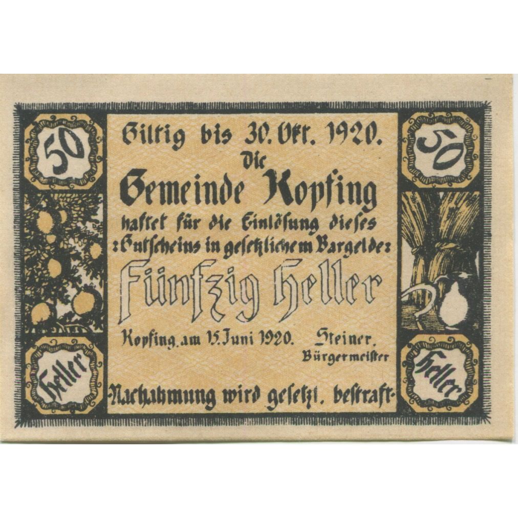 Billete, Austria, Kopfing, 50 Heller, blé, 1920, 1920-10-31, SC, Mehl:FS 465a