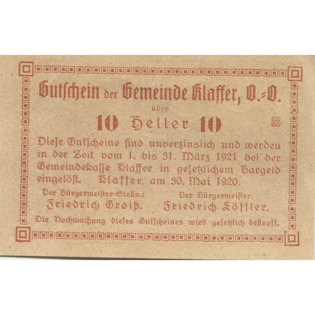Geldschein, Österreich, Klaffer, 10 Heller, Forêt 1921-03-31, UNZ- Mehl:FS 450a