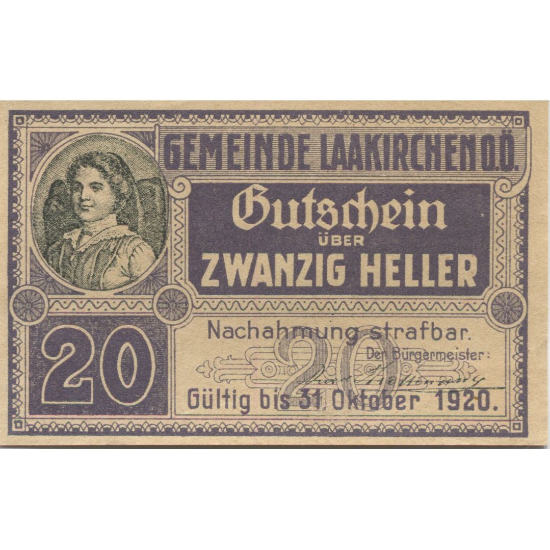 Banknote, Austria, Laakirchen, 20 Heller, personnage, 1920 UNC(63) Mehl:FS 494b