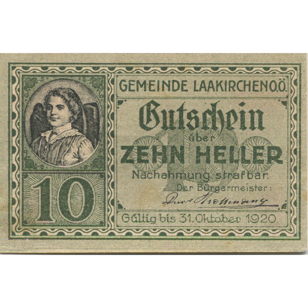 Banknote, Austria, Laakirchen, 10 Heller, paysage, 1920, UNC(63) Mehl:FS 494b