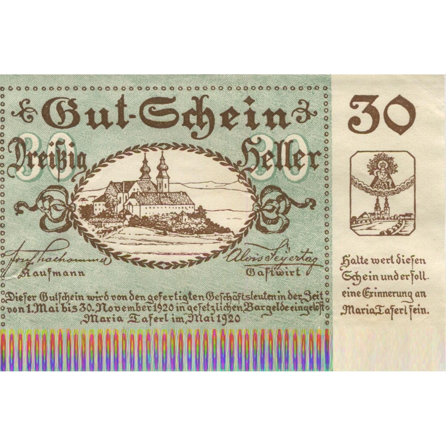 Geldschein, Österreich, Maria Taferl, 30 Heller, Eglise, 1920 UNZ- Mehl:FS 589a