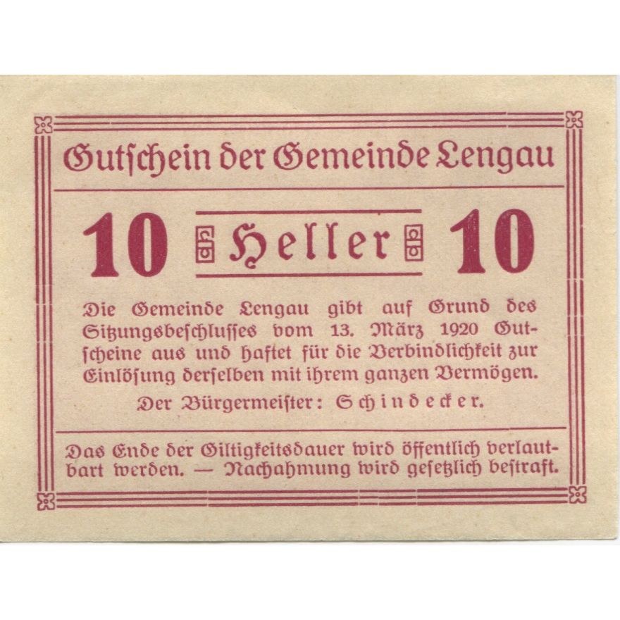 Geldschein, Österreich, Lengau, 10 Heller, village 1920-03-13, UNZ- Mehl:FS 512