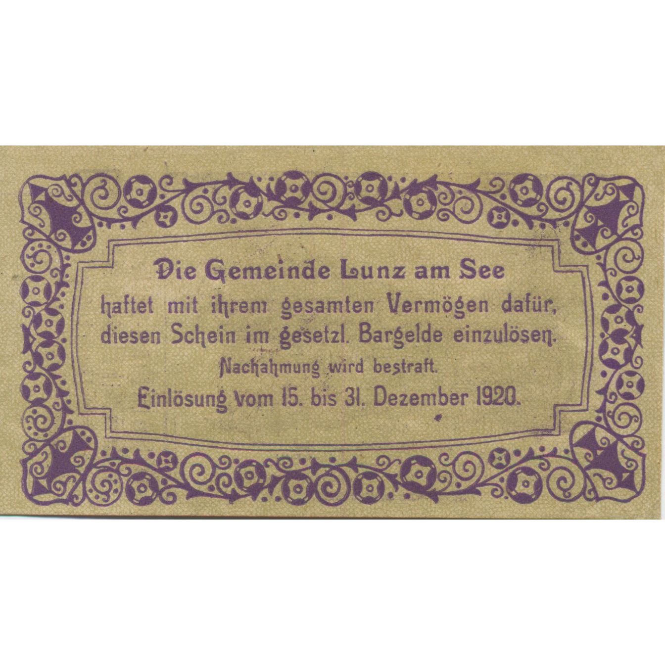 Billete, Austria, Lunz am See, 50 Heller, lac 1, 1920, SC, Mehl:FS 571a