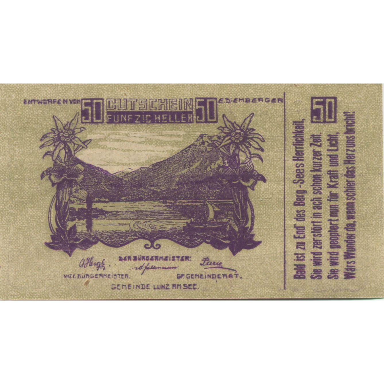 Billete, Austria, Lunz am See, 50 Heller, lac 1, 1920, SC, Mehl:FS 571a